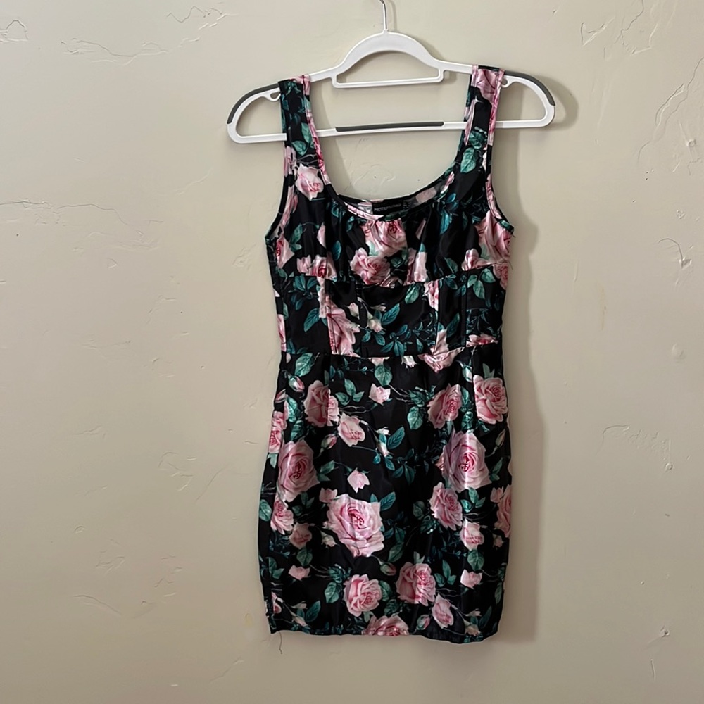 Realistic print soft pink rose body cone faux corset mini dress